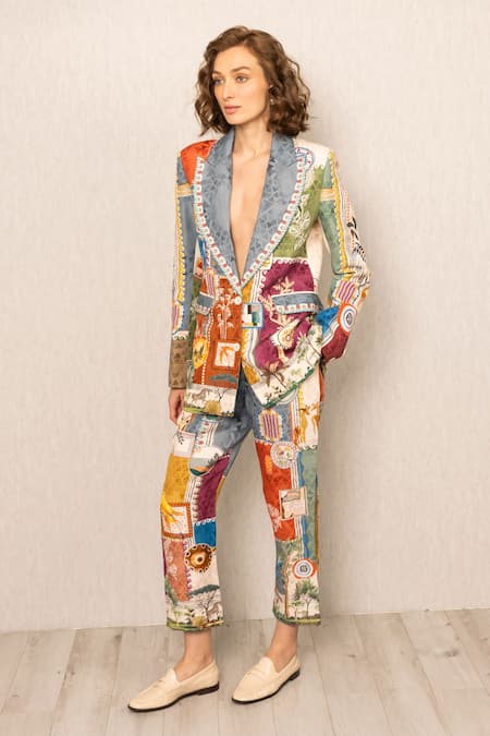 Buy_RANNA GILL_Multi Color Viscose, Linen V-neck Kiro Oversized Jacket_Online_at_Aza_Fashions