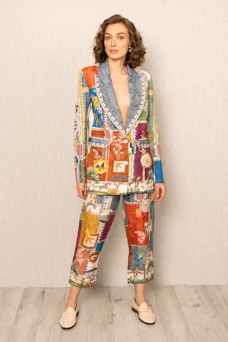 RANNA GILL_Multi Color Viscose, Linen V-neck Kiro Oversized Jacket_at_Aza_Fashions