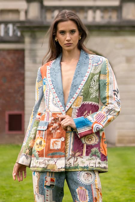 RANNA GILL Multi Color Viscose, Linen V-neck Kiro Oversized Jacket 