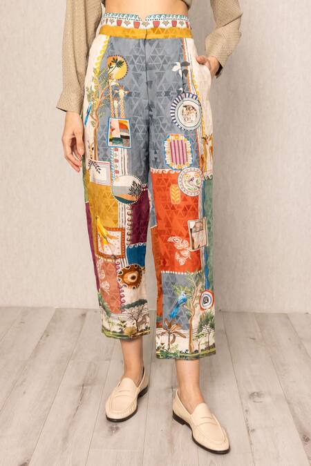Shop_RANNA GILL_Multi Color Linen, Viscose Tina Pleated Rara Pants_Online_at_Aza_Fashions