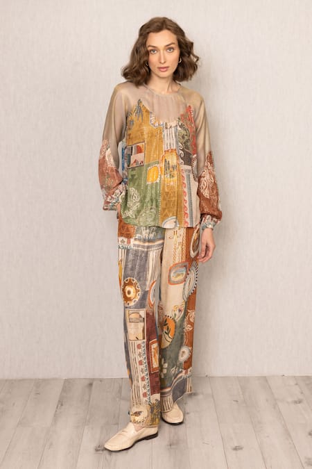 RANNA GILL Multi Color Viscose Sequins Round Neck Rie Sheer Yoke Co-ord Set 