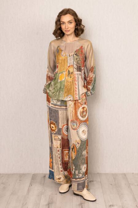 RANNA GILL_Multi Color Viscose Sequins Round Neck Rie Sheer Yoke Co-ord Set_Online_at_Aza_Fashions