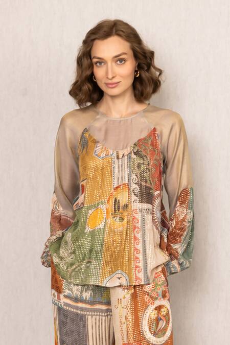 Buy_RANNA GILL_Multi Color Viscose Sequins Round Neck Rie Sheer Yoke Co-ord Set_Online_at_Aza_Fashions