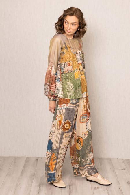 Shop_RANNA GILL_Multi Color Viscose Sequins Round Neck Rie Sheer Yoke Co-ord Set_Online_at_Aza_Fashions