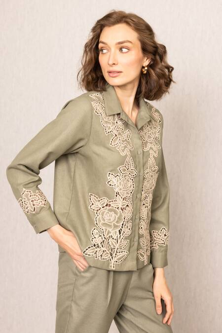 RANNA GILL_Green Polyester Embroidery Collared Rio Button Down Shirt_Online_at_Aza_Fashions