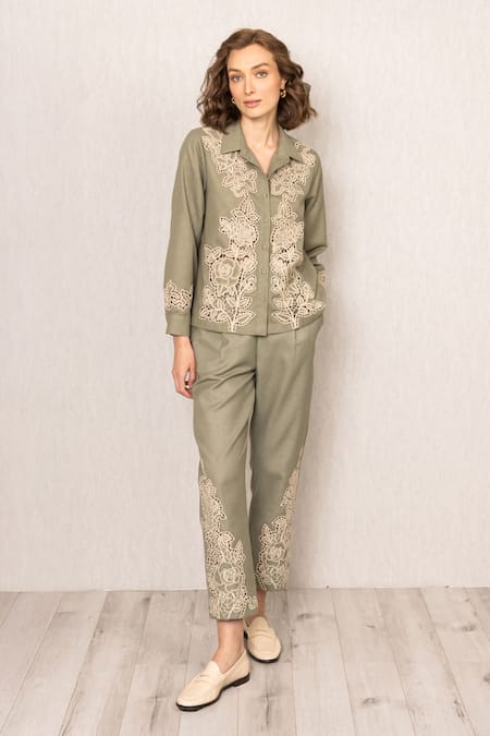 Buy_RANNA GILL_Green Polyester Embroidery Collared Rio Button Down Shirt_Online_at_Aza_Fashions