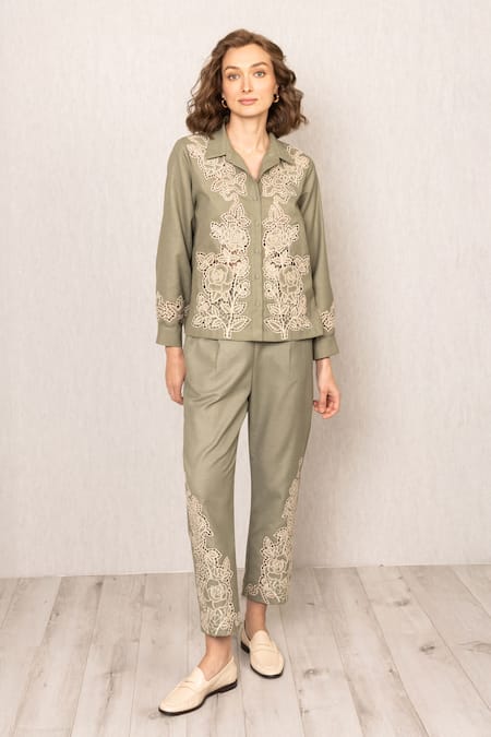 Shop_RANNA GILL_Green Polyester Embroidery Collared Rio Button Down Shirt_Online_at_Aza_Fashions