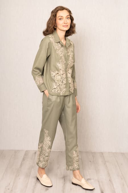 RANNA GILL_Green Polyester Embroidery Raylen Rara Pant_Online_at_Aza_Fashions