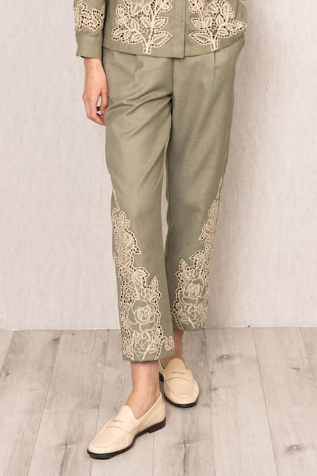 Shop_RANNA GILL_Green Polyester Embroidery Raylen Rara Pant_Online_at_Aza_Fashions