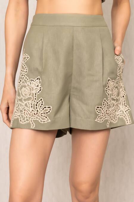 RANNA GILL_Green Polyester Embroidery Eli Shorts_Online_at_Aza_Fashions