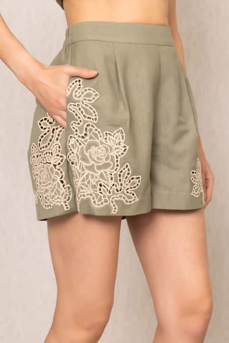 Buy_RANNA GILL_Green Polyester Embroidery Eli Shorts_Online_at_Aza_Fashions