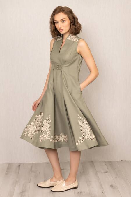 RANNA GILL_Green Polyester Embroidery Split V-neck Lima Sleeveless Midi Dress_Online_at_Aza_Fashions