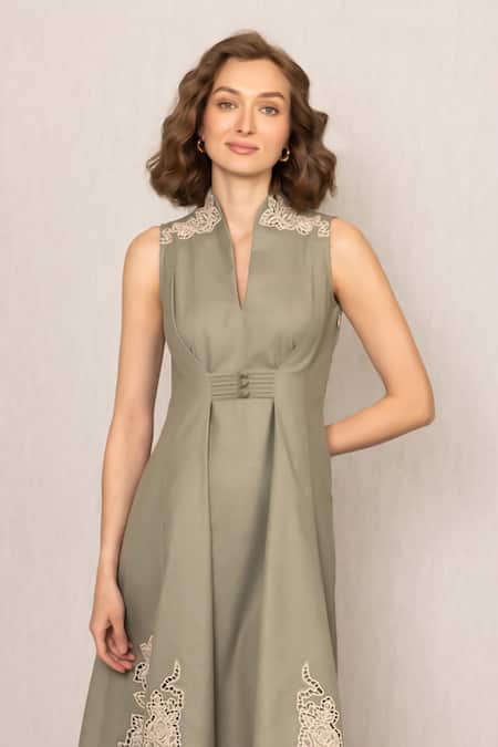 Buy_RANNA GILL_Green Polyester Embroidery Split V-neck Lima Sleeveless Midi Dress_Online_at_Aza_Fashions