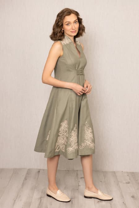 Shop_RANNA GILL_Green Polyester Embroidery Split V-neck Lima Sleeveless Midi Dress_Online_at_Aza_Fashions