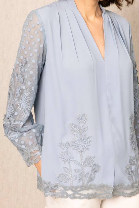RANNA GILL_Blue Georgette Embroidery V-neck Stormi Blouse_Online_at_Aza_Fashions
