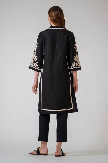 Shop RANNA GILL Black Viscose Embroidery V-neck Rob Tunic at Aza Fashions Shop_RANNA GILL_Black Viscose Embroidery V-neck Rob Tunic_at_Aza_Fashions
