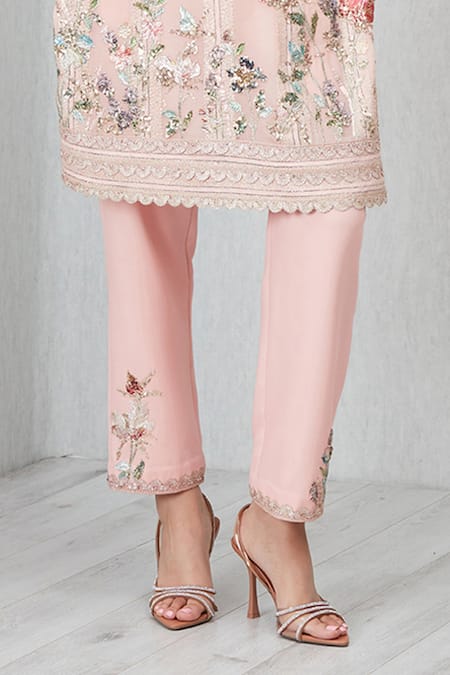 RANNA GILL_Pink Lurex Embroidery Split V-neck Mason Embellished Tunic Set_Online_at_Aza_Fashions