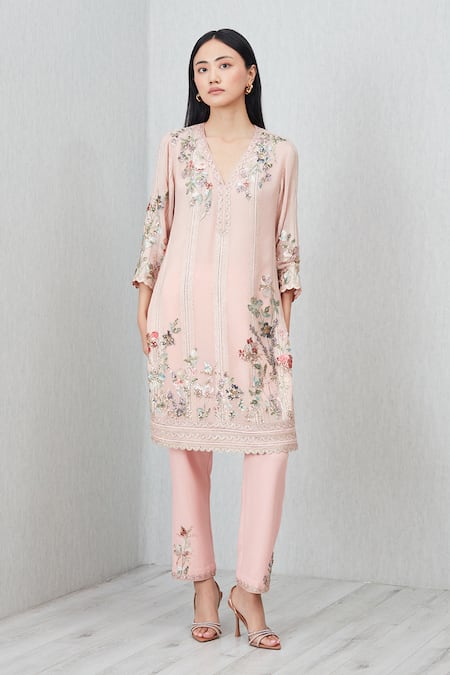 Shop_RANNA GILL_Pink Lurex Embroidery Split V-neck Mason Embellished Tunic Set_Online_at_Aza_Fashions