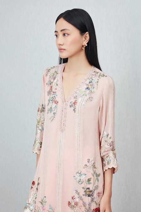 RANNA GILL_Pink Lurex Embroidery Split V-neck Mason Embellished Tunic Set_at_Aza_Fashions