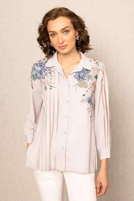 RANNA GILL Gray Georgette Embroidery Collared Delia Blouse