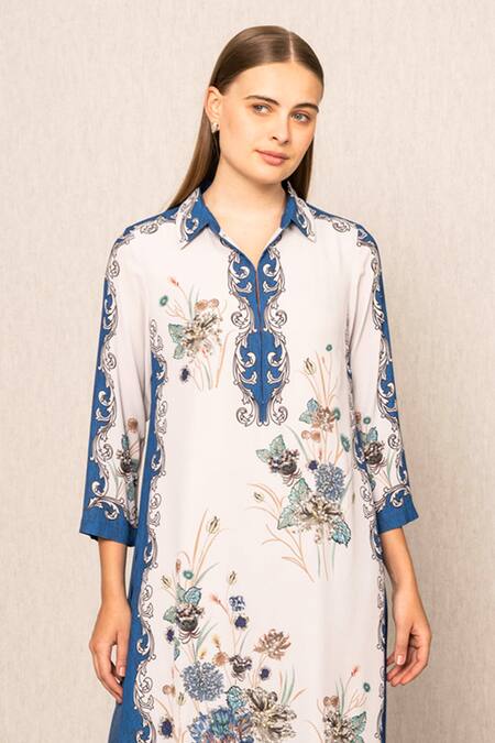 RANNA GILL_White Crepe Embroidery Collared Elaya Tunic And Pant Set_Online_at_Aza_Fashions