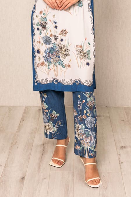 Buy_RANNA GILL_White Crepe Embroidery Collared Elaya Tunic And Pant Set_Online_at_Aza_Fashions