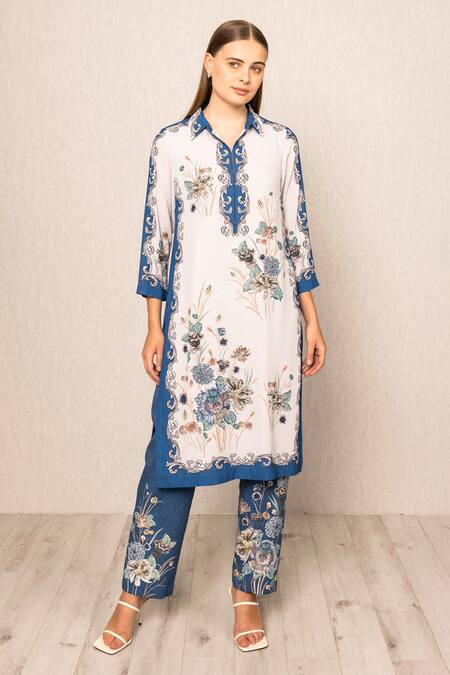 RANNA GILL_White Crepe Embroidery Collared Elaya Tunic And Pant Set_at_Aza_Fashions