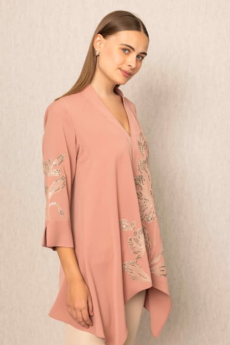 RANNA GILL Peach Crepe Embroidery V-neck Mahi Blouse Online at Aza Fashions RANNA GILL_Peach Crepe Embroidery V-neck Mahi Blouse_Online_at_Aza_Fashions