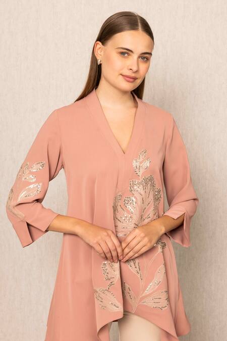 Buy RANNA GILL Peach Crepe Embroidery V-neck Mahi Blouse Online at Aza Fashions Buy_RANNA GILL_Peach Crepe Embroidery V-neck Mahi Blouse_Online_at_Aza_Fashions