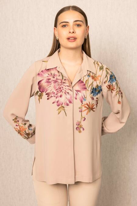 Buy RANNA GILL Beige Georgette Embroidery Collared Bruna Blouse Online at Aza Fashions Buy_RANNA GILL_Beige Georgette Embroidery Collared Bruna Blouse_Online_at_Aza_Fashions