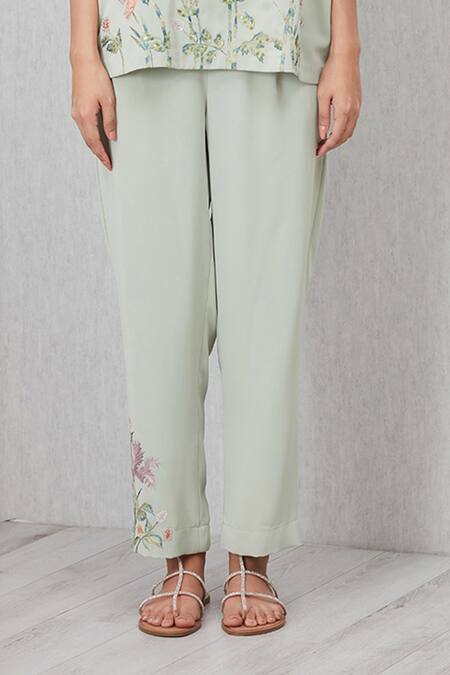 RANNA GILL_Green Crepe Embroidery Keyhole Neck Bria Top And Pant Set_Online_at_Aza_Fashions