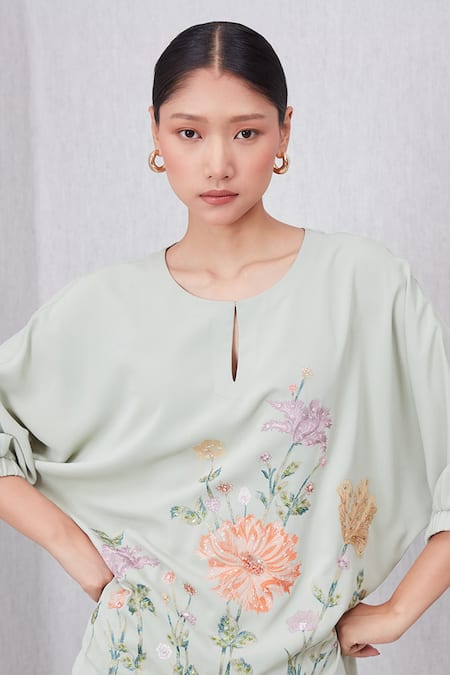 Buy_RANNA GILL_Green Crepe Embroidery Keyhole Neck Bria Top And Pant Set_Online_at_Aza_Fashions