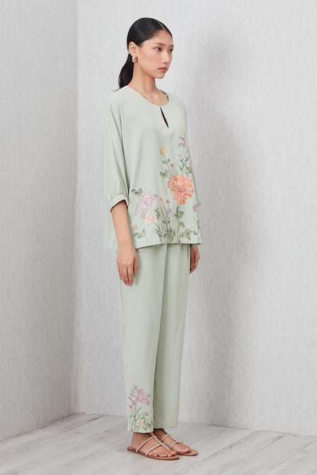 Shop_RANNA GILL_Green Crepe Embroidery Keyhole Neck Bria Top And Pant Set_Online_at_Aza_Fashions