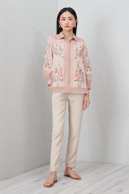 RANNA GILL Peach Polyester Embroidery Collared Valoura Shirt 