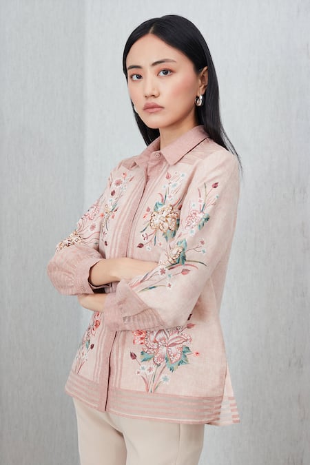 RANNA GILL_Peach Polyester Embroidery Collared Valoura Shirt_Online_at_Aza_Fashions