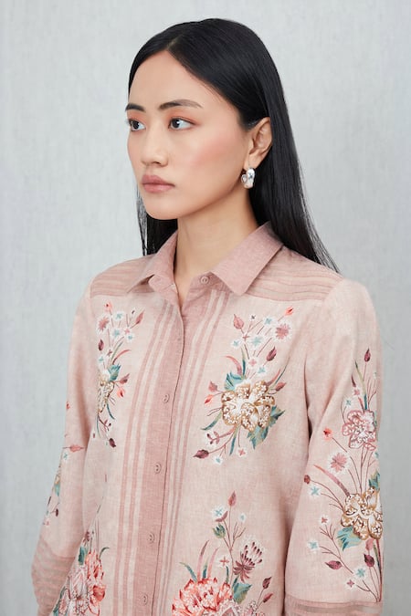 Buy_RANNA GILL_Peach Polyester Embroidery Collared Valoura Shirt_Online_at_Aza_Fashions