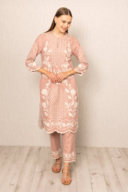 RANNA GILL_Pink Polyester Embroidery Round Neck Miraya Printed Kurta And Pant Set_Online_at_Aza_Fashions