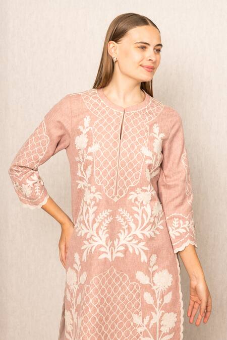 Shop_RANNA GILL_Pink Polyester Embroidery Round Neck Miraya Printed Kurta And Pant Set_Online_at_Aza_Fashions