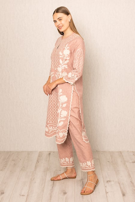 RANNA GILL_Pink Polyester Embroidery Round Neck Miraya Printed Kurta And Pant Set_at_Aza_Fashions