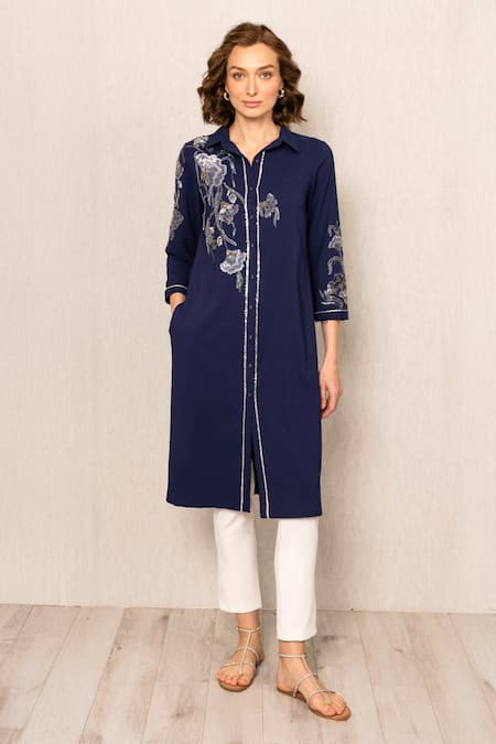 RANNA GILL Navy Embroidery, Sequins Collared Jovia Floral Pattern Kurta And Pant Set 