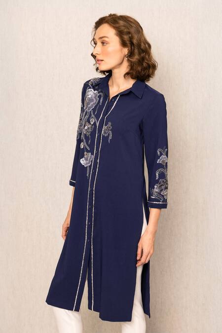 RANNA GILL_Navy Embroidery, Sequins Collared Jovia Floral Pattern Kurta And Pant Set_Online_at_Aza_Fashions
