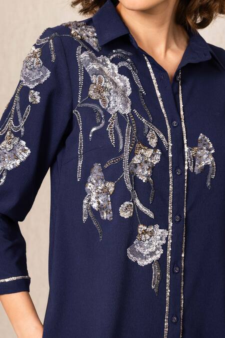 Buy_RANNA GILL_Navy Embroidery, Sequins Collared Jovia Floral Pattern Kurta And Pant Set_Online_at_Aza_Fashions