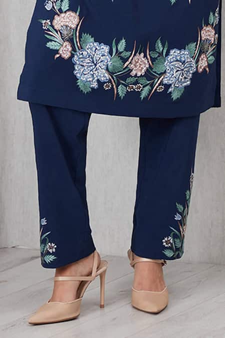 RANNA GILL_Navy Polyester Embroidery Round Neck Elowen Printed Kurta And Pant Set_Online_at_Aza_Fashions