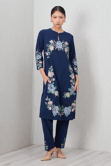 Buy_RANNA GILL_Navy Polyester Embroidery Round Neck Elowen Printed Kurta And Pant Set_Online_at_Aza_Fashions