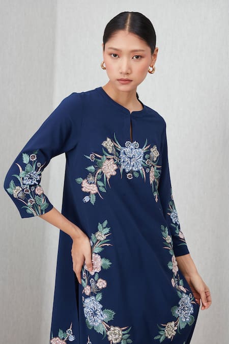 Shop_RANNA GILL_Navy Polyester Embroidery Round Neck Elowen Printed Kurta And Pant Set_Online_at_Aza_Fashions