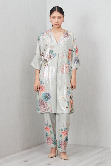 RANNA GILL_Green Polyester Sequins, Embroidery V-neck Laurel Printed Kurta Set_Online_at_Aza_Fashions