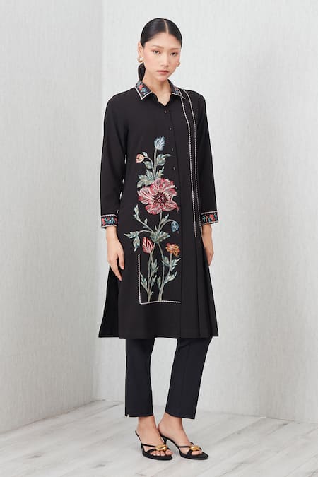 RANNA GILL_Black Embroidery Collared Sion Floral Print Tunic_Online_at_Aza_Fashions