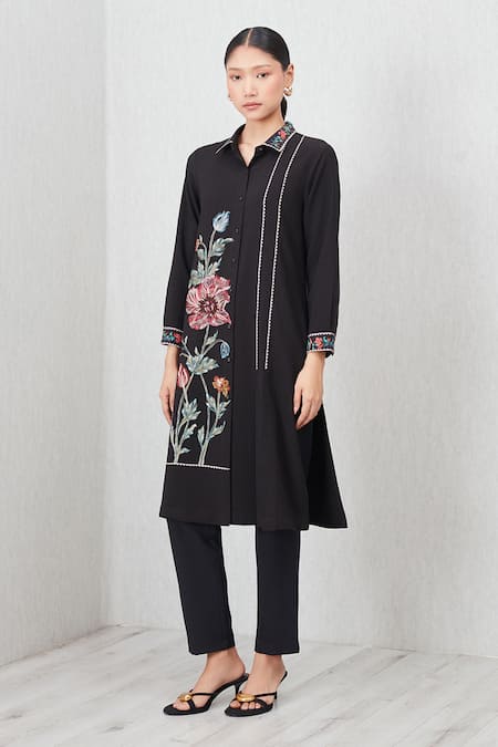 Buy_RANNA GILL_Black Embroidery Collared Sion Floral Print Tunic_Online_at_Aza_Fashions