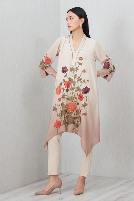 RANNA GILL Beige Embroidery Split V-neck Azara Floral Pattern Tunic 