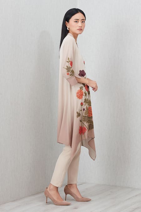 RANNA GILL_Beige Embroidery Split V-neck Azara Floral Pattern Tunic_Online_at_Aza_Fashions